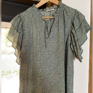 Anna Caci California, short flutter sleeve, teal/ green white blouse